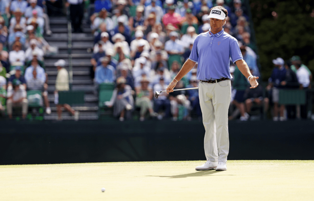 Apr 12, 2025; Augusta, Georgia, USA; Bubba Watson reacts from the fairway on the fifth green during the third round of the Masters Tournament at Augusta National Golf Club. Mandatory Credit: Peter Casey-Imagn Images
