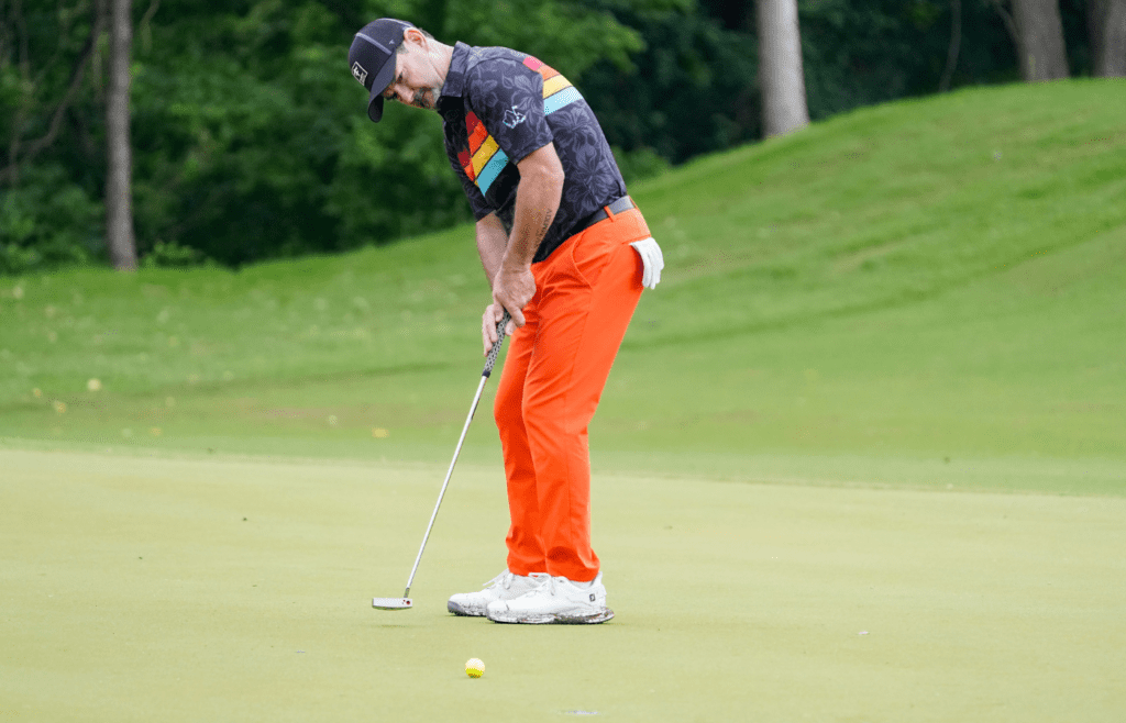 May 23, 2024; Fort Worth, Texas, USA; Rory Sabbatini putts on the 11th green during the first round of the Charles Schwab Challenge golf tournament. Mandatory Credit: Raymond Carlin III-Imagn Images