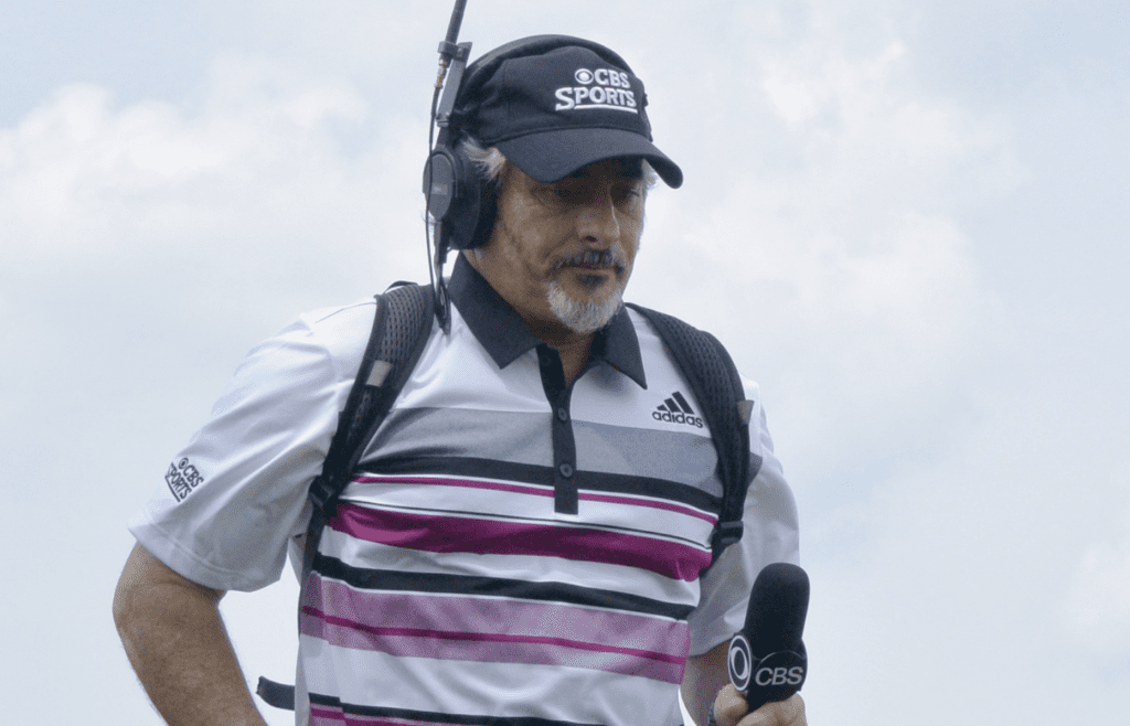 Aug 30, 2015; Edison, NJ, USA; CBS golf commentator David Feherty works during the final round of The Barclays at Plainfield Country Club. Mandatory Credit: Porter Binks-Imagn Images