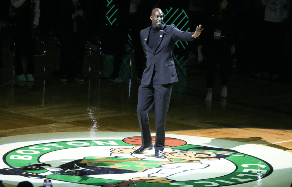 Mar 13, 2022; Boston, Massachusetts, USA; Basketball Hall of Fame and former Boston Celtic, Kevin Garnett is introduced during his number retirement ceremony after game between the Boston Celtics and the Dallas Mavericks at TD Garden. Mandatory Credit: Gregory Fisher-Imagn Images