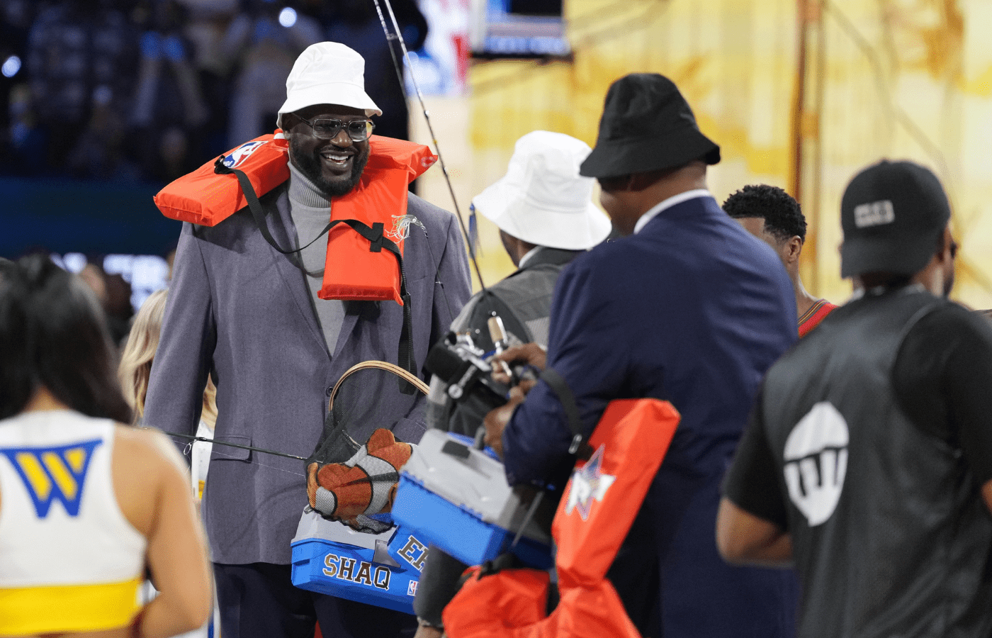February 16, 2025; San Francisco, CA, USA; Shaq’s OGs general manager Shaquille O’Neal reacts during a break in the game against Chuck’s Global Stars during the 2025 NBA All Star Game at Chase Center. Mandatory Credit: Kyle Terada-Imagn Images