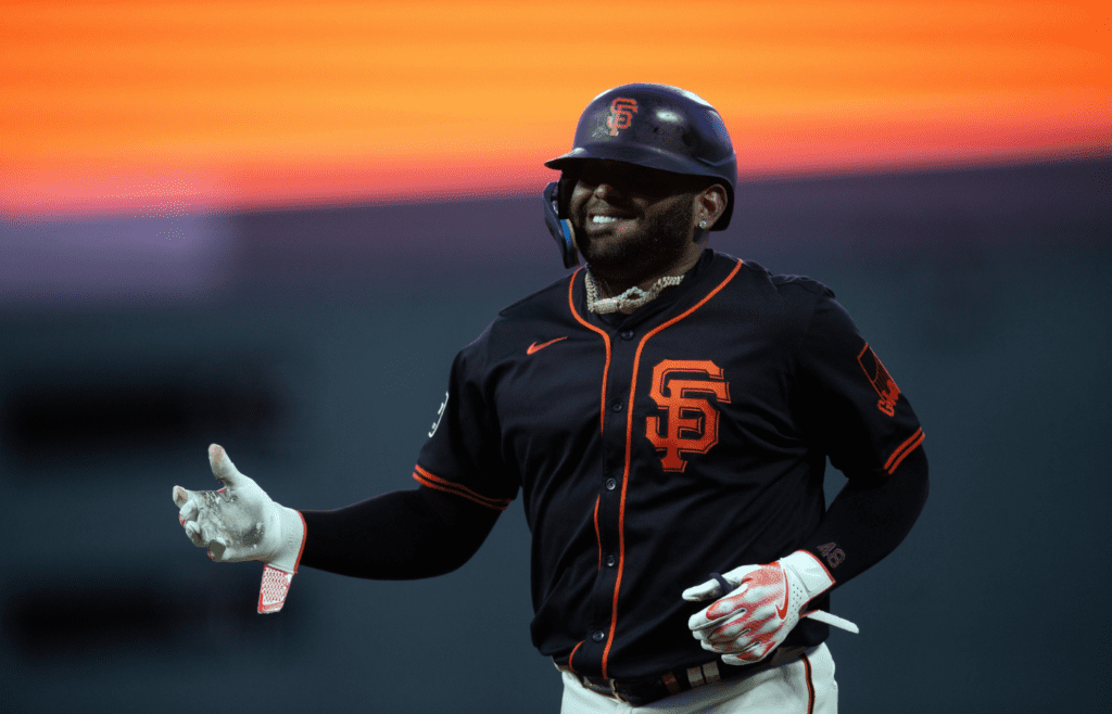 Mar 26, 2024; San Francisco, California, USA; San Francisco Giants third baseman Pablo Sandoval smiles as he is removed for a pinch runner after singling against the Oakland Athletics during the ninth inning at Oracle Park. Mandatory Credit: D. Ross Cameron-Imagn Images