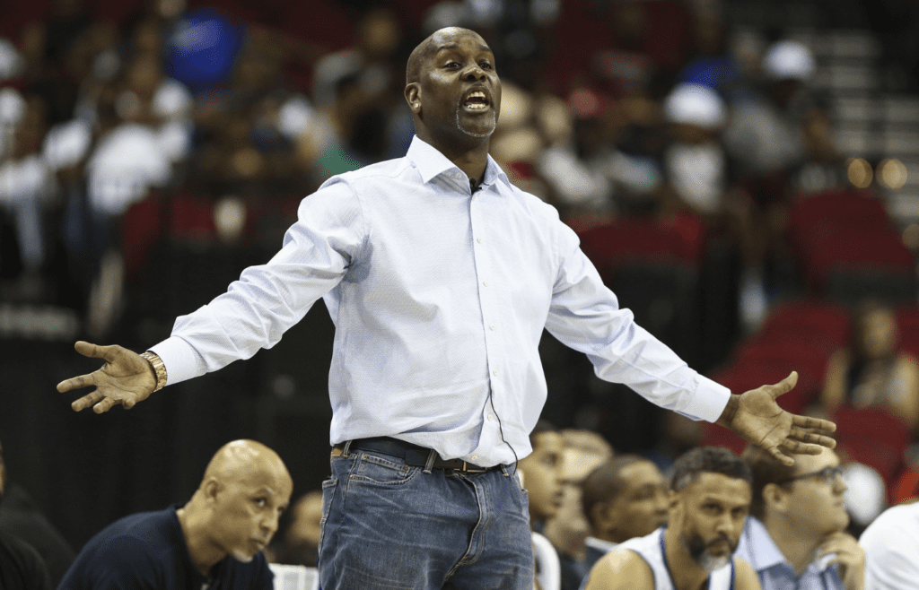 Jun 22, 2018; Houston, TX, USA; 3 Headed Monsters head coach Gary Payton reacts after a play against the Ghost Ballers during the game at Toyota Center. Mandatory Credit: Troy Taormina-Imagn Images