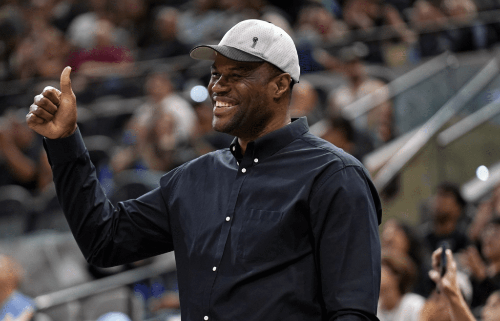 Mar 10, 2023; San Antonio, Texas, USA; Former San Antonio Spurs and NBA hall of famer David Robinson stands to be honored during military appreciation night in the first half of a game between the San Antonio Spurs and the Denver Nuggets at AT&T Center. Mandatory Credit: Scott Wachter-Imagn Images