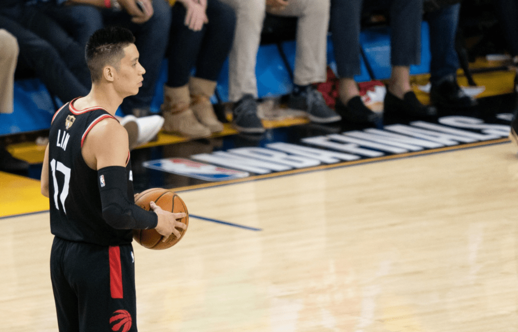 June 5, 2019; Oakland, CA, USA; Toronto Raptors guard Jeremy Lin (17) during the fourth quarter in game three of the 2019 NBA Finals against the Golden State Warriors at Oracle Arena. The Raptors defeated the Warriors 123-109 to lead the series 2-1. Mandatory Credit: Kyle Terada-Imagn Images