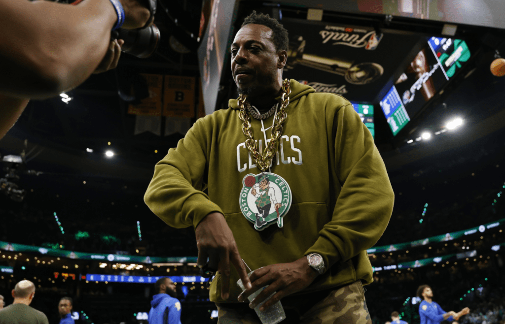 Jun 9, 2024; Boston, Massachusetts, USA; Boston Celtics former player Paul Pierce looks into a video camera on the court before game two of the 2024 NBA Finals between the Boston Celtics and the Dallas Mavericks at TD Garden. Mandatory Credit: Peter Casey-Imagn Images