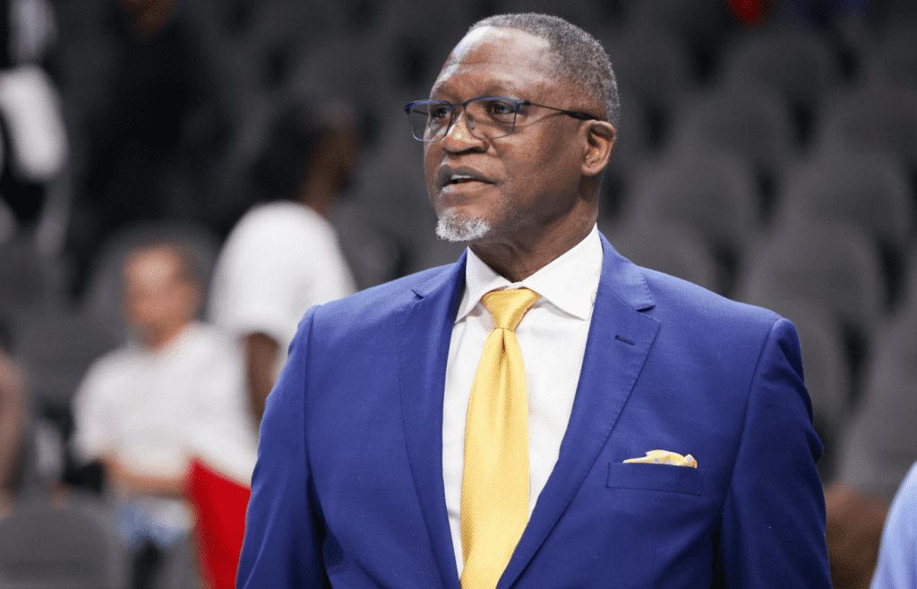 Mar 30, 2024; Atlanta, Georgia, USA; Former Atlanta Hawks forward Dominique Wilkins on the court before a game against the Milwaukee Bucks at State Farm Arena. Mandatory Credit: Brett Davis-Imagn Images