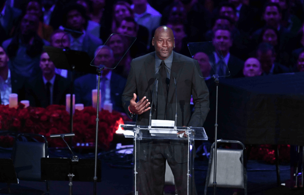Feb 24, 2020; Los Angeles, California, USA; NBA legend Michael Jordan speaks to the audience during the memorial to celebrate the life of Kobe Bryant and daughter Gianna Bryant at Staples Center. Mandatory Credit: Robert Hanashiro-Imagn Images
