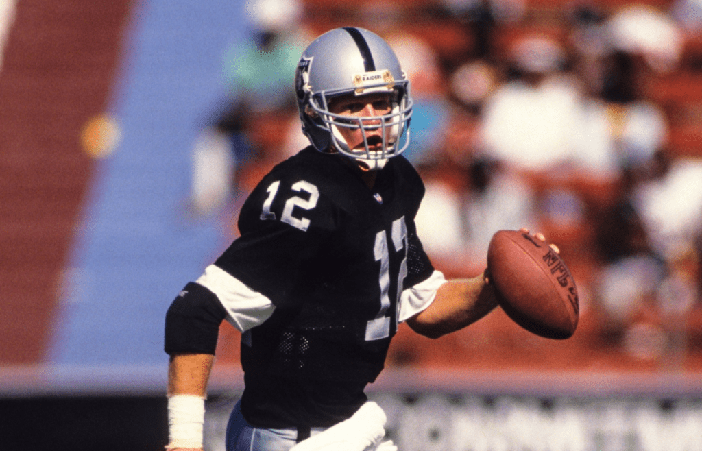 Aug 29, 1992; Los Angeles, CA, USA: FILE PHOTO; Los Angeles Raiders quarterback Todd Marinovich (12) in action against the Houston Oilers during a preseason game at Los Angeles Memorial Coliseum. Mandatory Credit: Long Photography-USA TODAY NETWORK