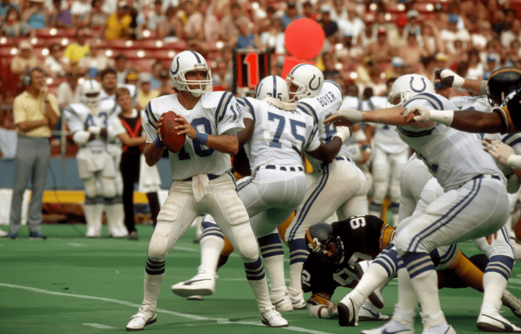Sep 8, 1985; Pittsburgh , PA, USA; FILE PHOTO; Indianapolis Colts quarterback (10) Art Schlichter in action against the Pittsburgh Steelers at Three Rivers Stadium. Mandatory Credit: Tony Tomsic-USA TODAY NETWORK