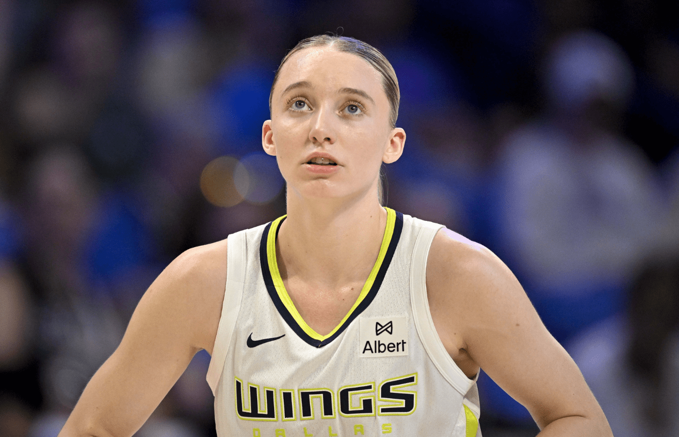 May 19, 2025; Arlington, Texas, USA; Dallas Wings guard Paige Bueckers (5) looks on during the second half against the Seattle Storm at College Park Center. Mandatory Credit: Jerome Miron-Imagn Images
