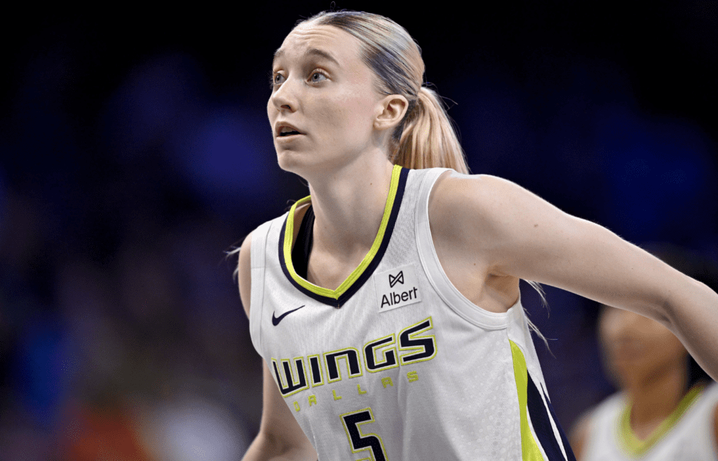 May 19, 2025; Arlington, Texas, USA; Dallas Wings guard Paige Bueckers (5) looks on during the second half against the Seattle Storm at College Park Center. Mandatory Credit: Jerome Miron-Imagn Images