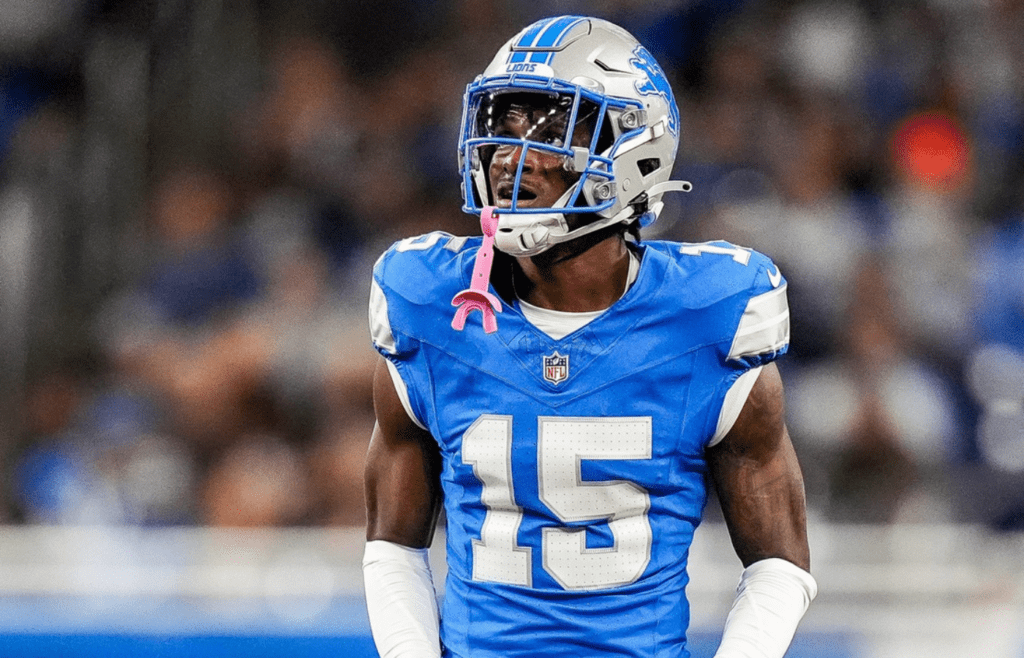 Detroit Lions cornerback Ennis Rakestraw Jr. (15) runs back after a play against Tennessee Titans during the second half at Ford Field in Detroit on Sunday, Oct. 27, 2024