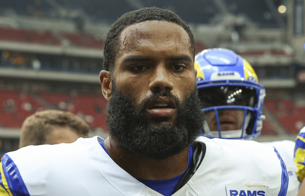 Aug 24, 2024; Houston, Texas, USA; Los Angeles Rams linebacker Omar Speights (48) before the game against the Houston Texans at NRG Stadium. Mandatory Credit: Troy Taormina-Imagn Images