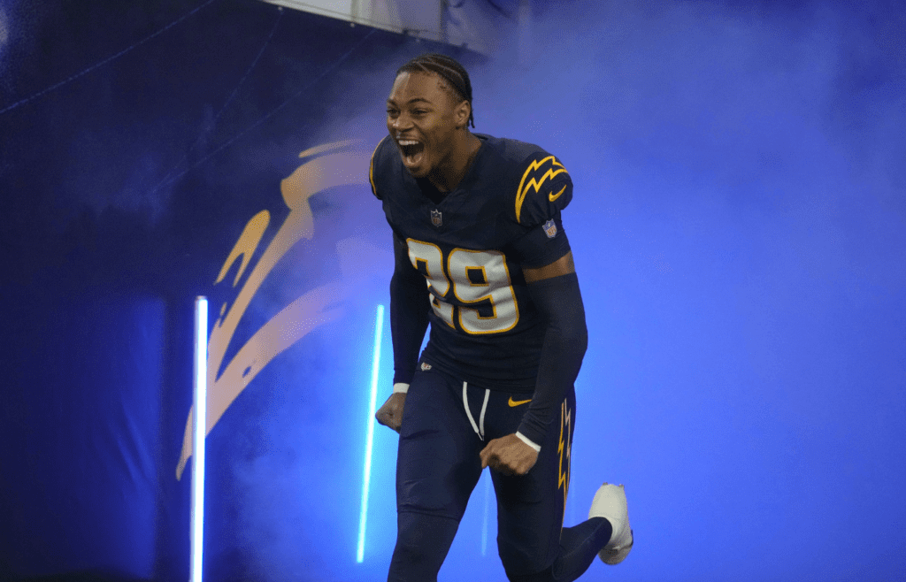 Nov 25, 2024; Inglewood, California, USA; Los Angeles Chargers cornerback Tarheeb Still (29) enters the field before the game against the Baltimore Ravens at SoFi Stadium. Mandatory Credit: Kirby Lee-Imagn Images