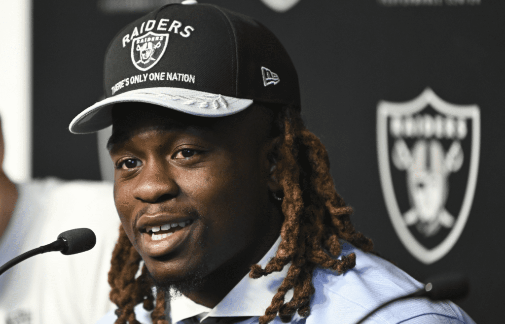 Apr 25, 2025; Henderson, NV, USA; Las Vegas Raiders first round draft pick in the 2025 NFL Draft Ashton Jeanty, speaks to the media at Intermountain Health Performance Center. Mandatory Credit: Candice Ward-Imagn Images