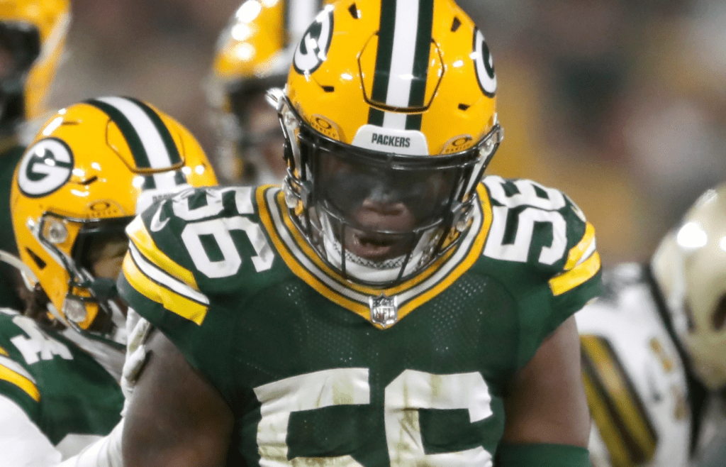 Green Bay Packers linebacker Edgerrin Cooper (56) reacts to a stop against the New Orleans Saints on Monday, December 23, 2024 at Lambeau Field in Green Bay, Wis. The Packers defeated the Saints 34-0. Wm. Glasheen USA TODAY NETWORK-Wisconsin