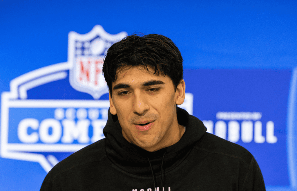 Feb 28, 2024; Indianapolis, IN, USA; Utah defensive lineman Jonah Elliss (DL32) talks to the media at the 2024 NFL Combine at Indiana Convention Center. Mandatory Credit: Trevor Ruszkowski-Imagn Images