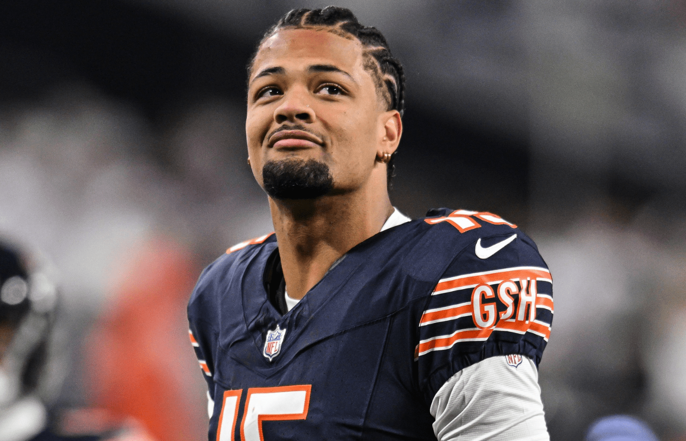Dec 16, 2024; Minneapolis, Minnesota, USA; Chicago Bears wide receiver Rome Odunze (15) looks on before the game against the Minnesota Vikings at U.S. Bank Stadium. Mandatory Credit: Jeffrey Becker-Imagn Images