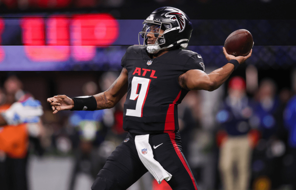 Jan 5, 2025; Atlanta, Georgia, USA; Atlanta Falcons quarterback Michael Penix Jr. (9) throws a pass against the Carolina Panthers in the third quarter at Mercedes-Benz Stadium. Mandatory Credit: Brett Davis-Imagn Images