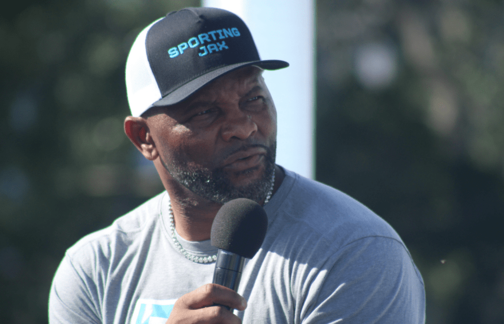 Sporting Jax co-owner Fred Taylor speaks during the club's uniform release at Friendship Fountain on May 13, 2025. [Clayton Freeman/Florida Times-Union]