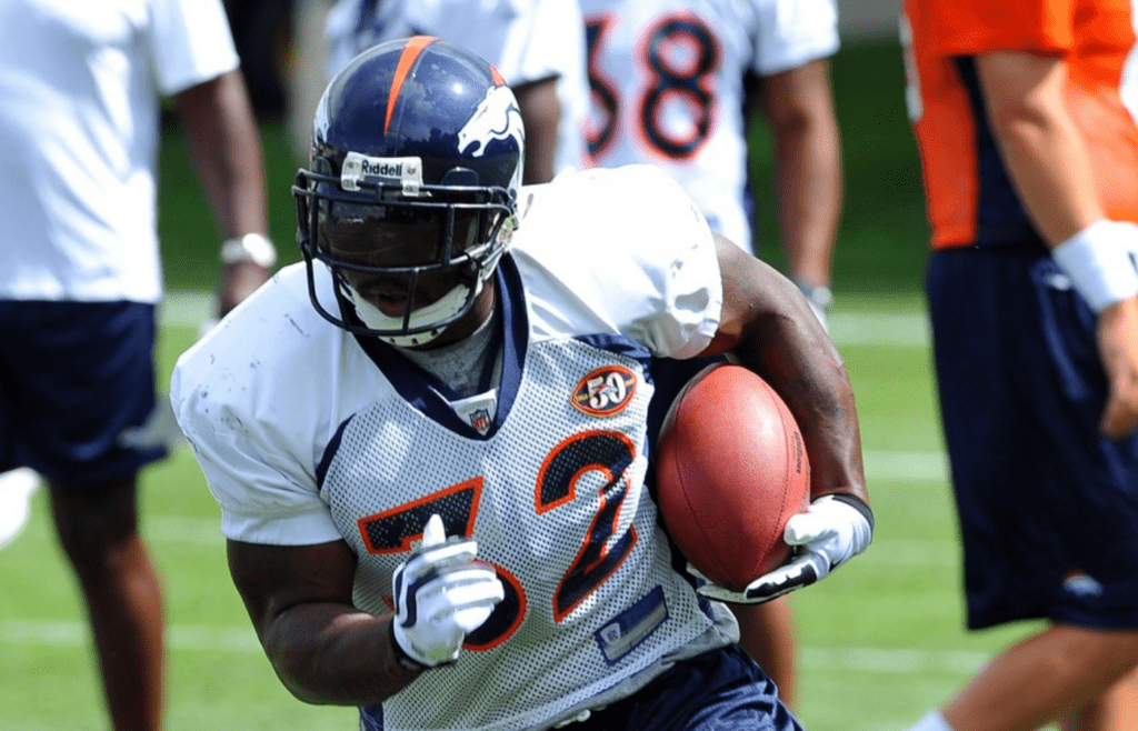 August 16, 2009; Englewood, CO, USA; Denver Broncos running back Lamont Jordan runs with the football during training camp at the Broncos training facility. Mandatory Credit: Ron Chenoy-Imagn Images