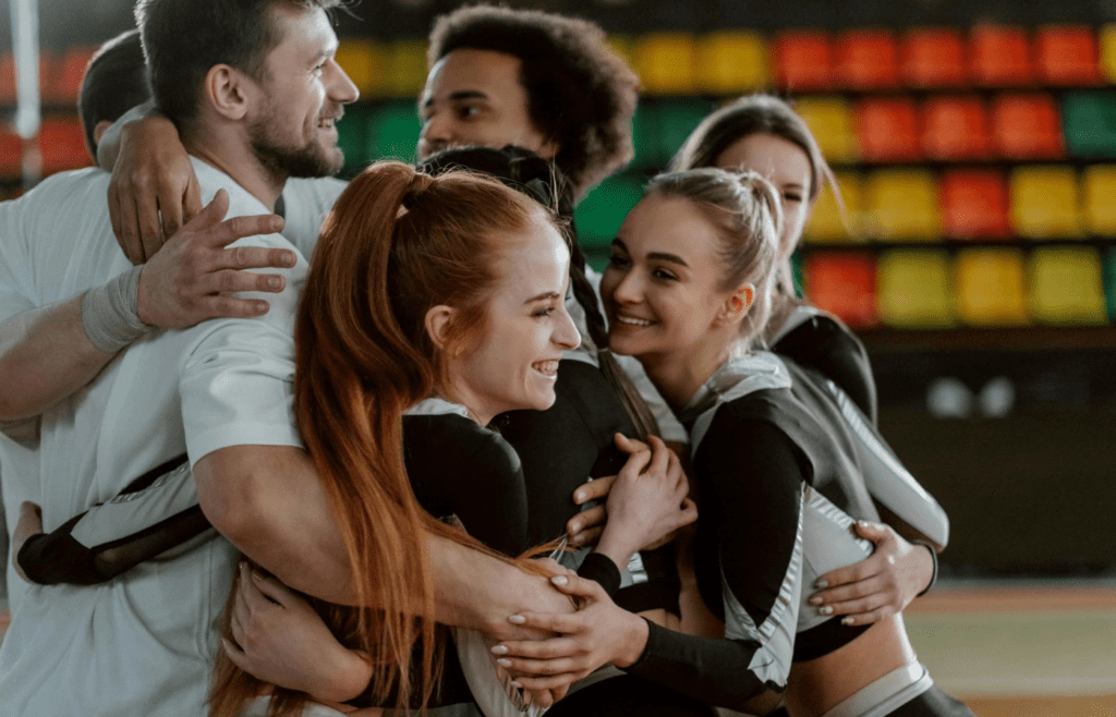 A group cheering or high-fiving