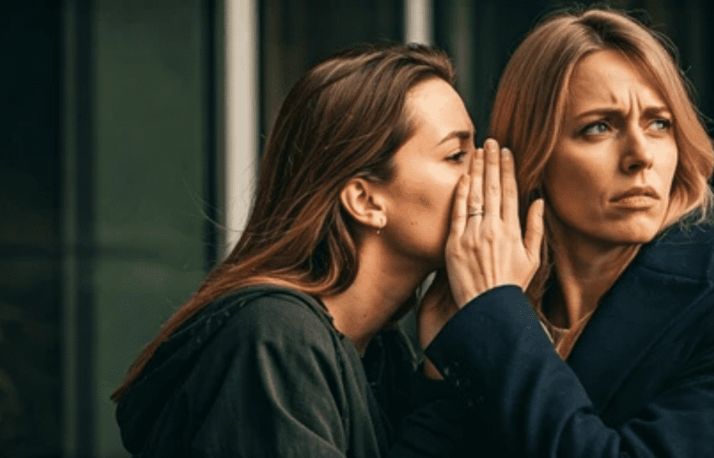 Two people whispering while side-eying someone nearby