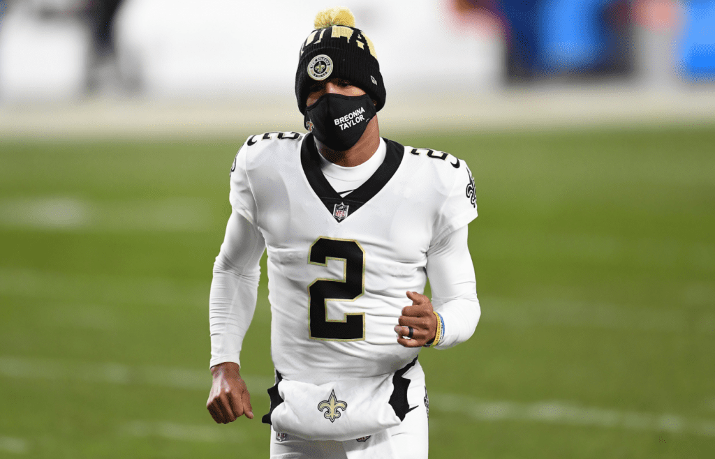Nov 29, 2020; Denver, Colorado, USA; New Orleans Saints quarterback Jameis Winston (2) following the win over the Denver Broncos at Empower Field at Mile High. Mandatory Credit: Ron Chenoy-Imagn Images