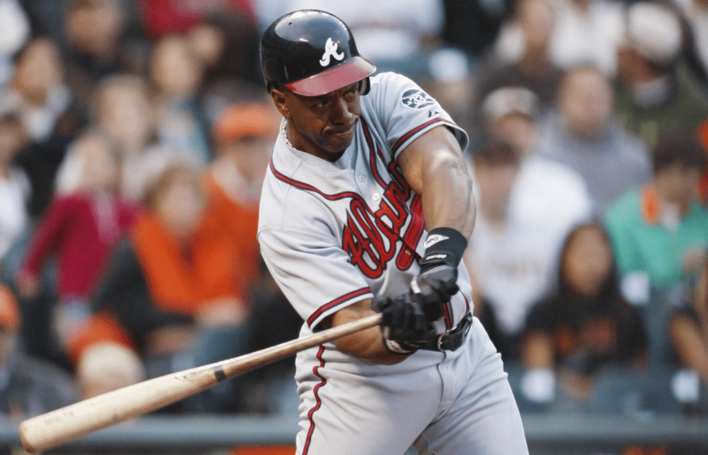Jul 24, 2007; San Francisco, CA, USA; Atlanta Braves first baseman Julio Franco (14) during the 2nd inning against the San Francisco Giants at AT&T Park in San Francisco, CA. The Braves defeated the Giants 7-5 in 13 innings. Mandatory Credit: Kyle Terada-Imagn Images