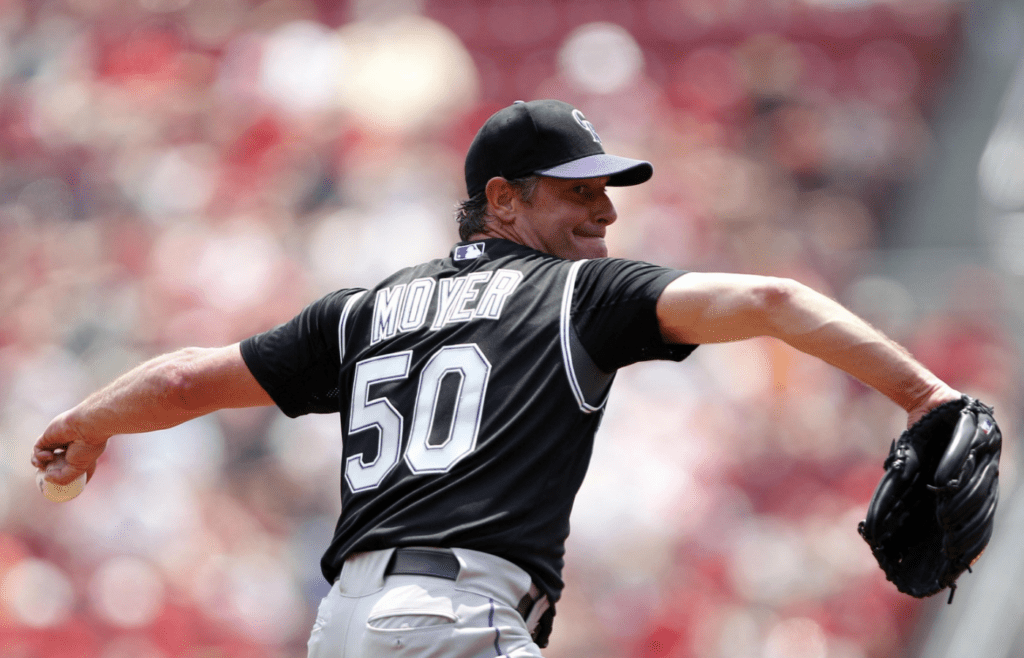 May 27, 2012; Cincinnati, OH, USA; Colorado Rockies starting pitcher Jamie Moyer (50) pitches during the second inning against the Cincinnati Reds at Great American Ball Park. Mandatory Credit: Frank Victores-Imagn Images