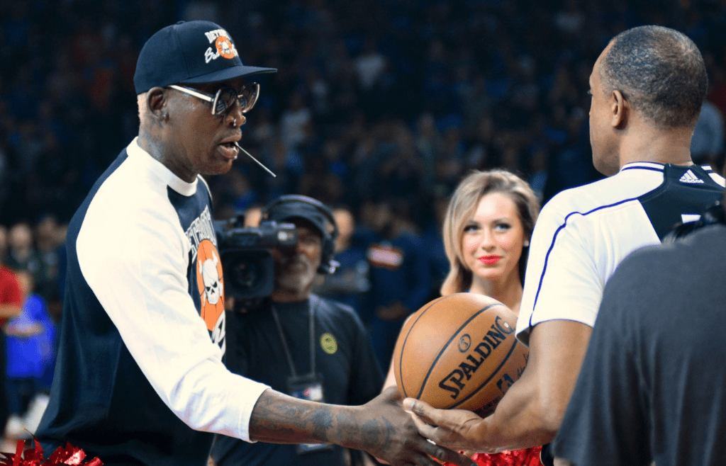Apr 10, 2017; Auburn Hills, MI, USA; Detroit Pistons former player Dennis Rodman is recognized before a game against the Washington Wizards at The Palace of Auburn Hills. Mandatory Credit: Tim Fuller-Imagn Images