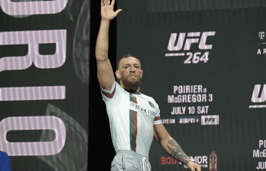 Jul 9, 2021; Las Vegas, Nevada, USA; Conor McGregor reacts during weigh ins for UFC 264 at T-Mobile Arena. Mandatory Credit: Gary A. Vasquez-Imagn Images