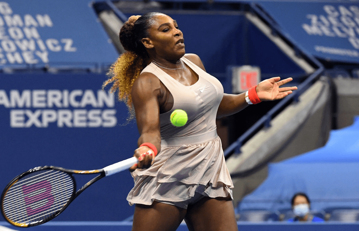 Sep 10, 2020; Flushing Meadows, New York, USA; Serena Williams of the United States hits the ball against Victoria Azarenka of Belarus in the women's singles semifinals match on day eleven of the 2020 U.S. Open tennis tournament at USTA Billie Jean King National Tennis Center. Mandatory Credit: Robert Deutsch-Imagn Images