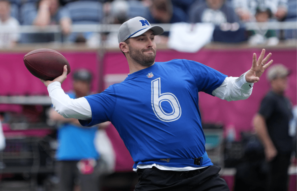 Feb 1, 2025; Orlando, FL, USA; Tampa Bay Buccaneers quarterback Baker Mayfield (6) throws the ball during NFC Practice for the Pro Bowl Games at Camping World Stadium. Mandatory Credit: Kirby Lee-Imagn Images