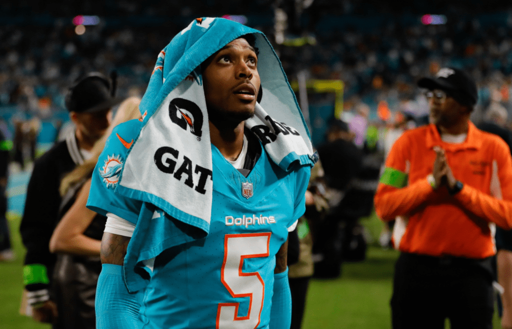 Dec 11, 2023; Miami Gardens, Florida, USA; Miami Dolphins cornerback Jalen Ramsey (5) looks on as he walks toward the locker room against the Tennessee Titans during halftime at Hard Rock Stadium. Mandatory Credit: Sam Navarro-Imagn Images