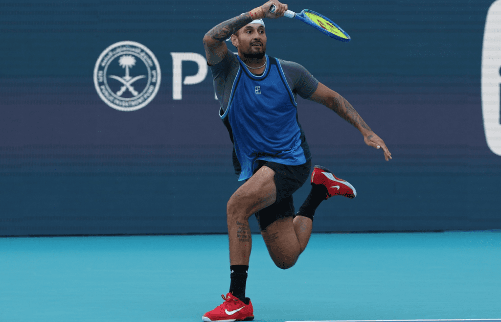 Mar 19, 2025; Miami, FL, USA; Nick Kyrgios (AUS) hits a forehand against Mackenzie McDonald (USA)(not pictured) on day two of the Miami Open at Hard Rock Stadium. Mandatory Credit: Geoff Burke-Imagn Images