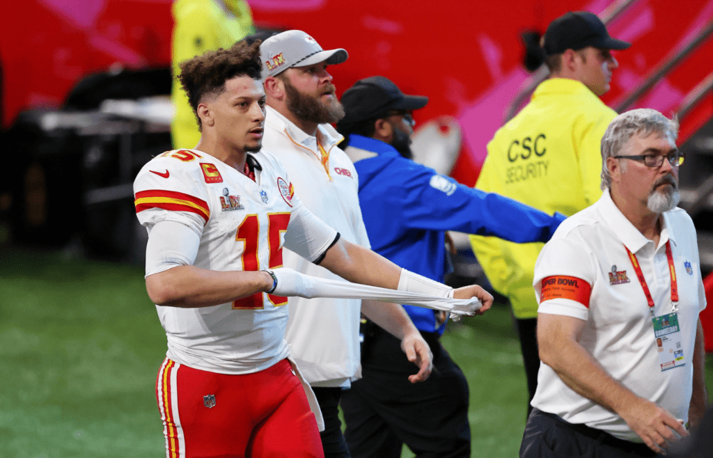 Feb 9, 2025; New Orleans, LA, USA; Kansas City Chiefs quarterback Patrick Mahomes (15) walks off the field after losing against the Philadelphia Eagles in Super Bowl LIX at Caesars Superdome. Mandatory Credit: Bill Streicher-Imagn Images