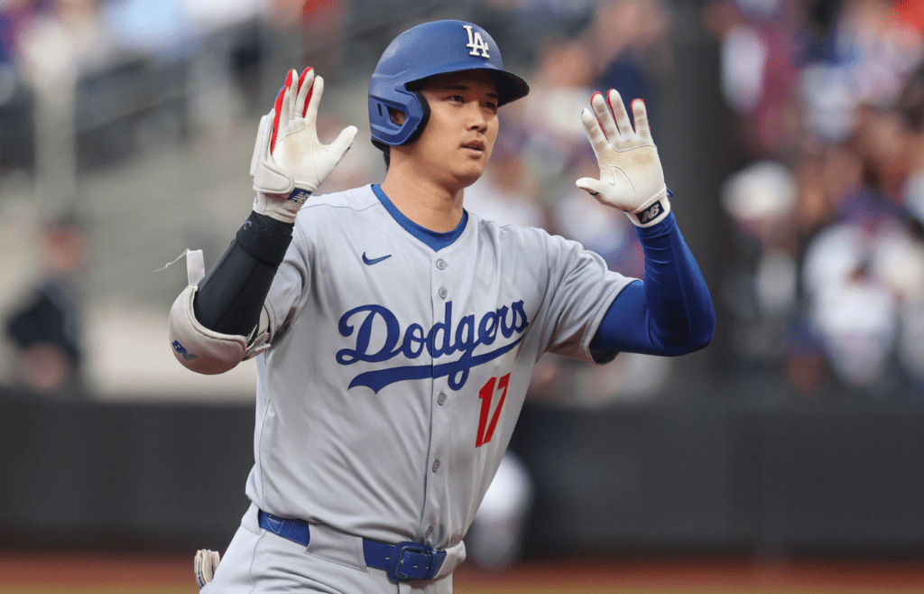 May 25, 2025; New York City, New York, USA; Los Angeles Dodgers designated hitter Shohei Ohtani (17) rounds the bases after a solo home run during the first inning against the New York Mets at Citi Field. Mandatory Credit: Vincent Carchietta-Imagn Images