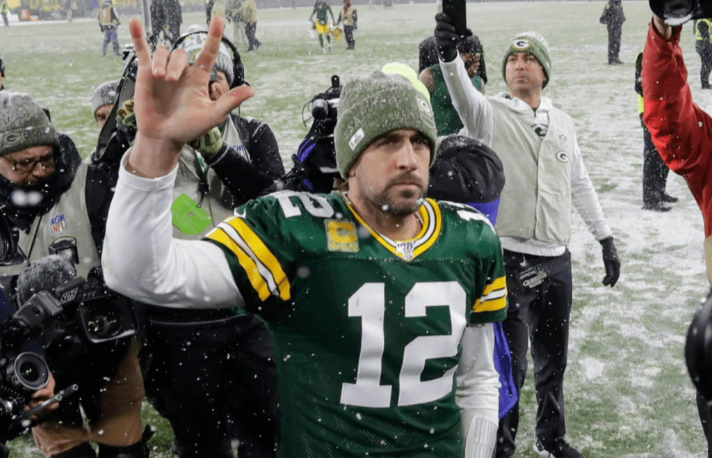 Green Bay Packers quarterback Aaron Rodgers (12)] celebrates during the Green Bay Packers 24-16 win over the Carolina Panthers in Green Bay, Wisconsin, Sunday, November 10, 2019. RICK WOOD/MILWAUKEE JOURNAL SENTINEL