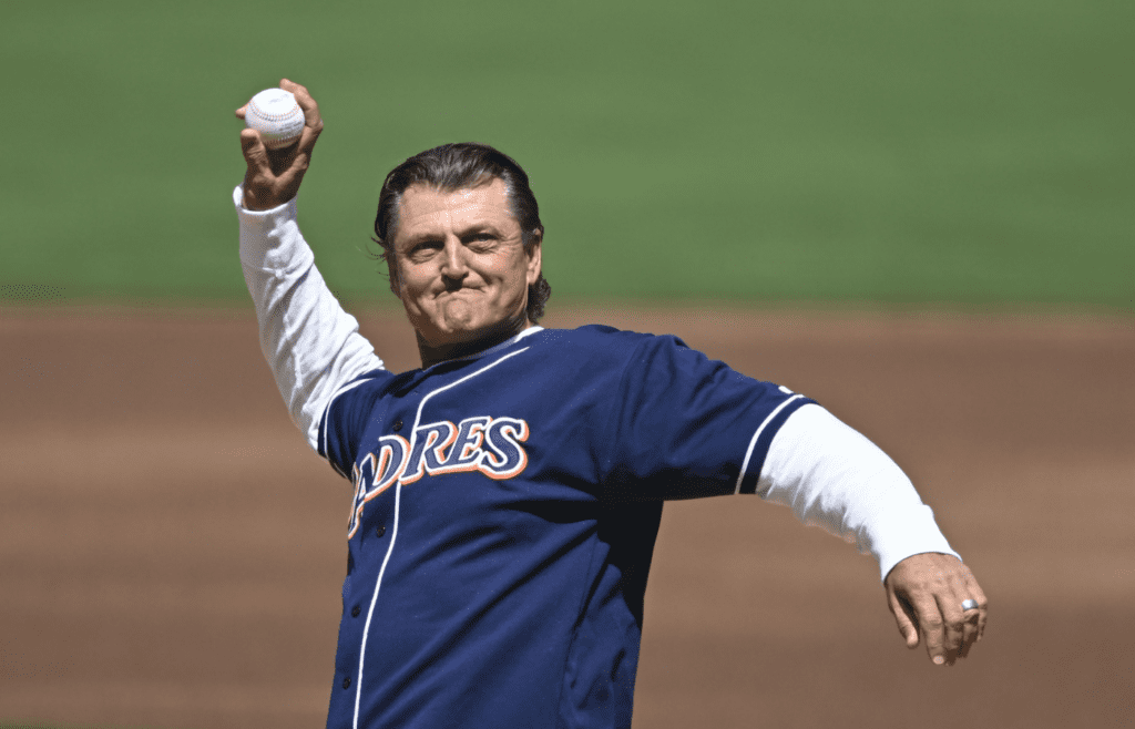 Mar 27, 2025; San Diego, California, USA; Former San Diego Padres pitcher Trevor Hoffman throws out the ceremonial first pitch before a baseball game against the Atlanta Braves at Petco Park. Mandatory Credit: Denis Poroy-Imagn Images