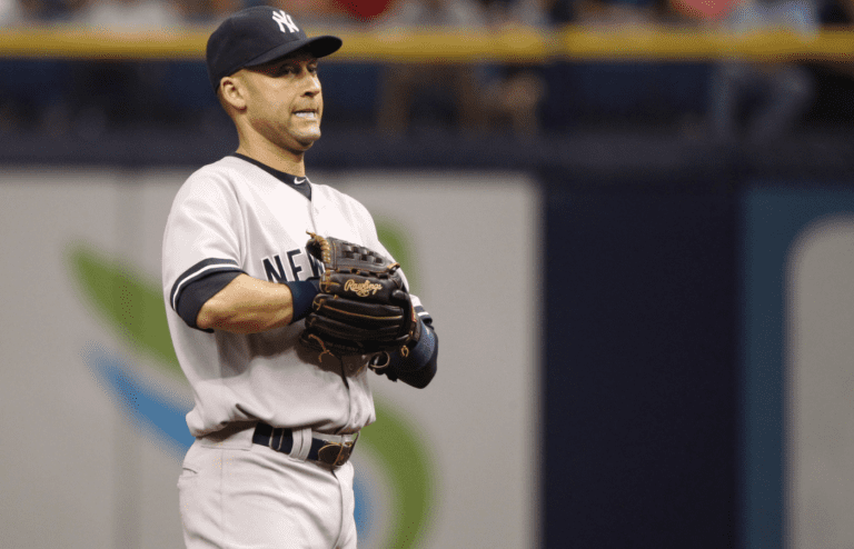 Apr 20, 2014; St. Petersburg, FL, USA; New York Yankees shortstop Derek Jeter (2) reacts during the seventh inning against the Tampa Bay Rays at Tropicana Field. Mandatory Credit: Kim Klement-Imagn Images