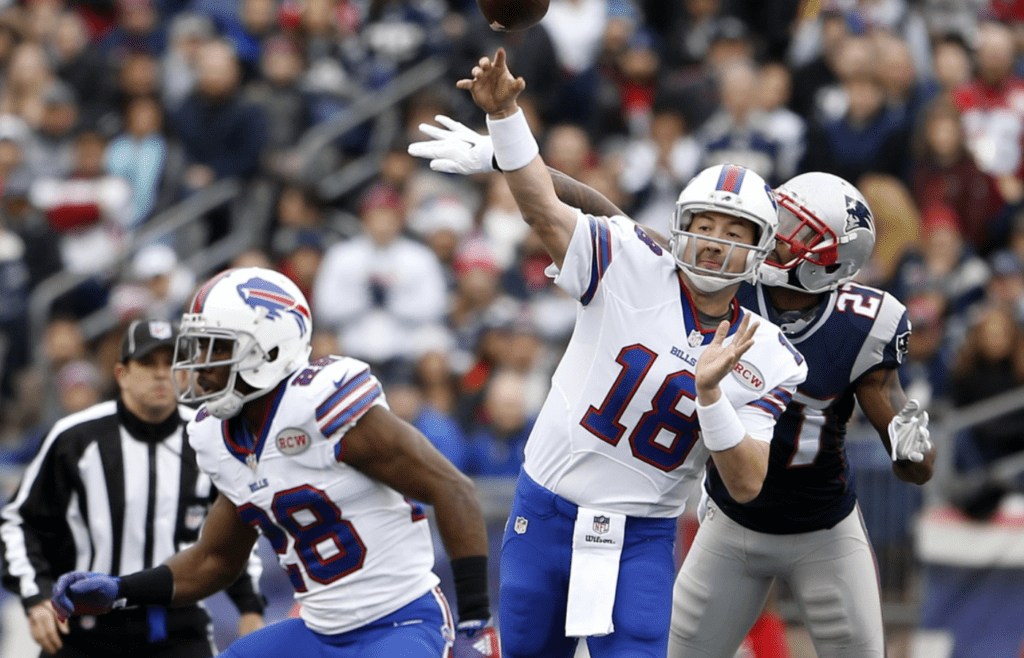 Dec 28, 2014; Foxborough, MA, USA; Buffalo Bills quarterback Kyle Orton (18) throws a pass against the New England Patriots in the first quarter at Gillette Stadium. Mandatory Credit: David Butler II-Imagn Images