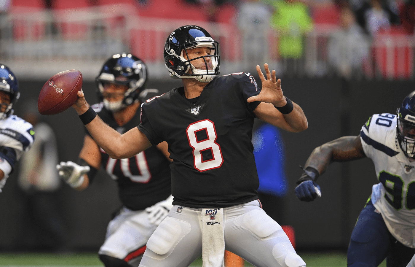 Oct 27, 2019; Atlanta, GA, USA; Atlanta Falcons quarterback Matt Schaub (8) throws a pass against the Seattle Seahawks during the first quarter at Mercedes-Benz Stadium. Mandatory Credit: Dale Zanine-Imagn Images