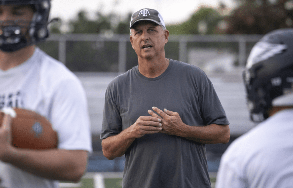 Head coach Ty Detmer on Aug. 5, 2024, during football practice at American Leadership Gilbert North High School