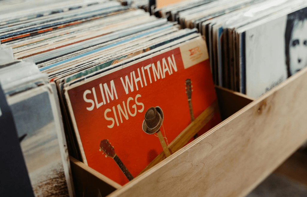 A crate of well-loved vinyl records