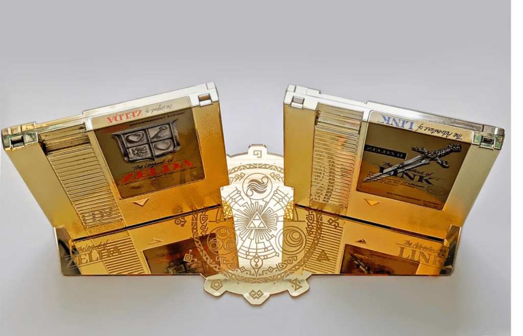 A gold NES cartridge in a display case