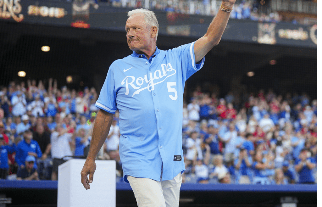 May 16, 2025; Kansas City, Missouri, USA; MLB Hall of Famer George Brett is introduced prior to a ceremony commemorating the 1985 World Series prior to game between the St. Louis Cardinals and the Kansas City Royals at Kauffman Stadium. Mandatory Credit: Jay Biggerstaff-Imagn Images