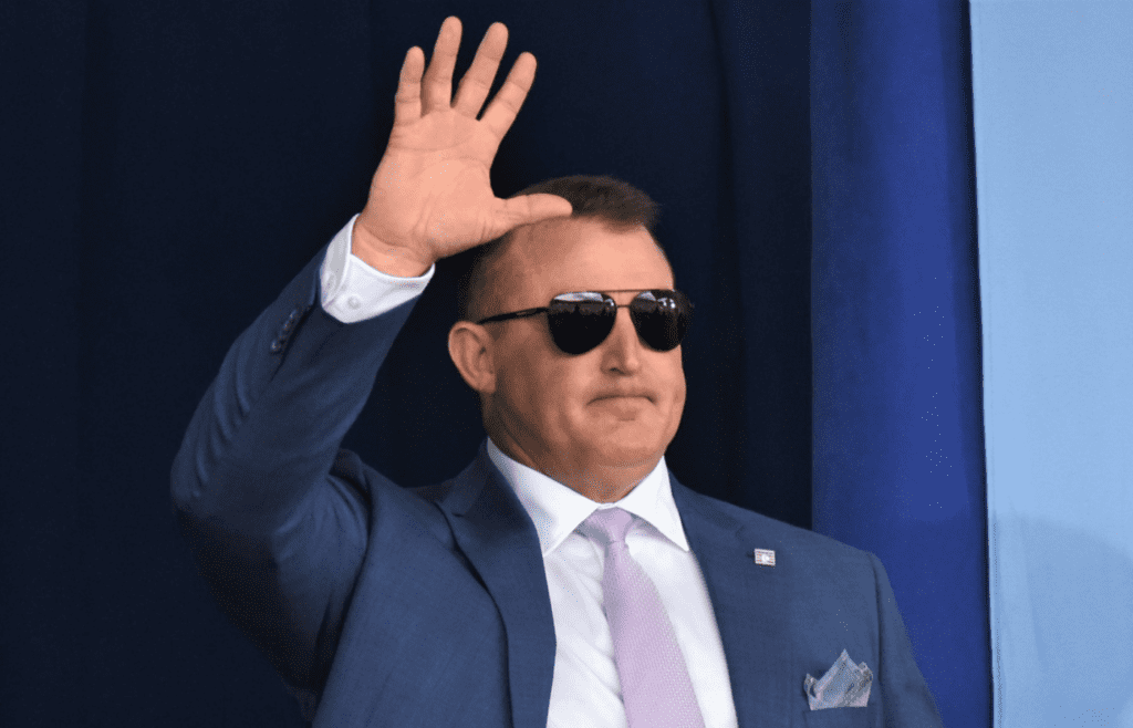 Jim Thome acknowledges the crowd during the introduction of returning inductees at the National Baseball Hall of Fame's 2024 induction ceremony Sunday, July 21, 2024, at the Clark Sports Center in Cooperstown, New York