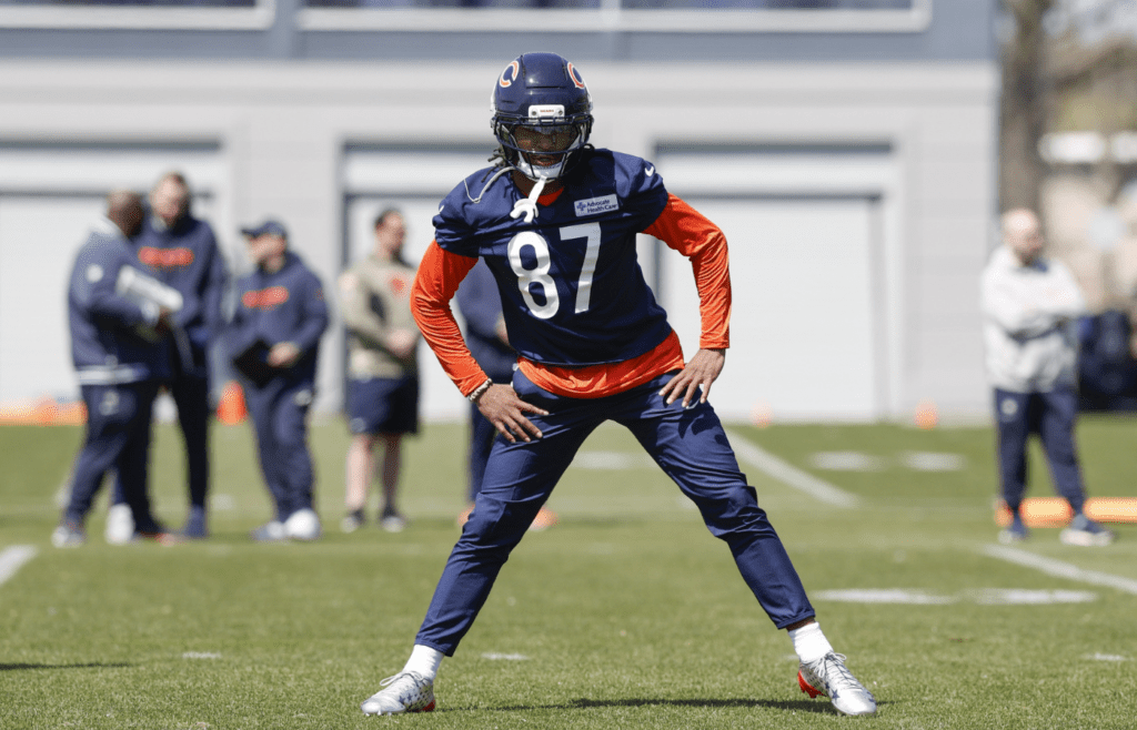 May 9, 2025; Lake Forest, IL, USA; Chicago Bears wide receiver Luther Burden III warms up during the Rookie Minicamp at Halas Hall. Mandatory Credit: Kamil Krzaczynski-Imagn Images